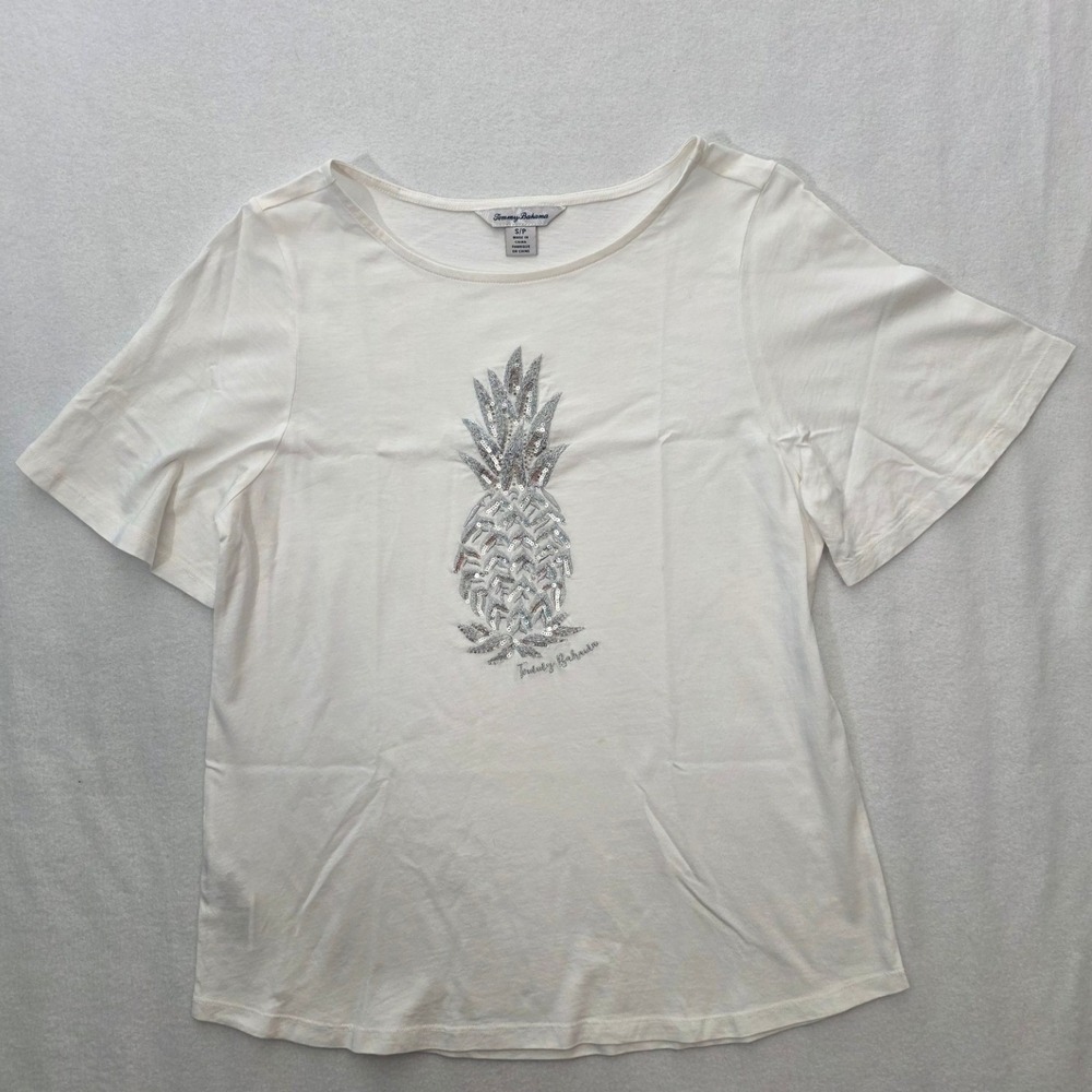 Tommy Bahama T-Shirt Sequin Pineapple S Cream Tropical Resort Beach